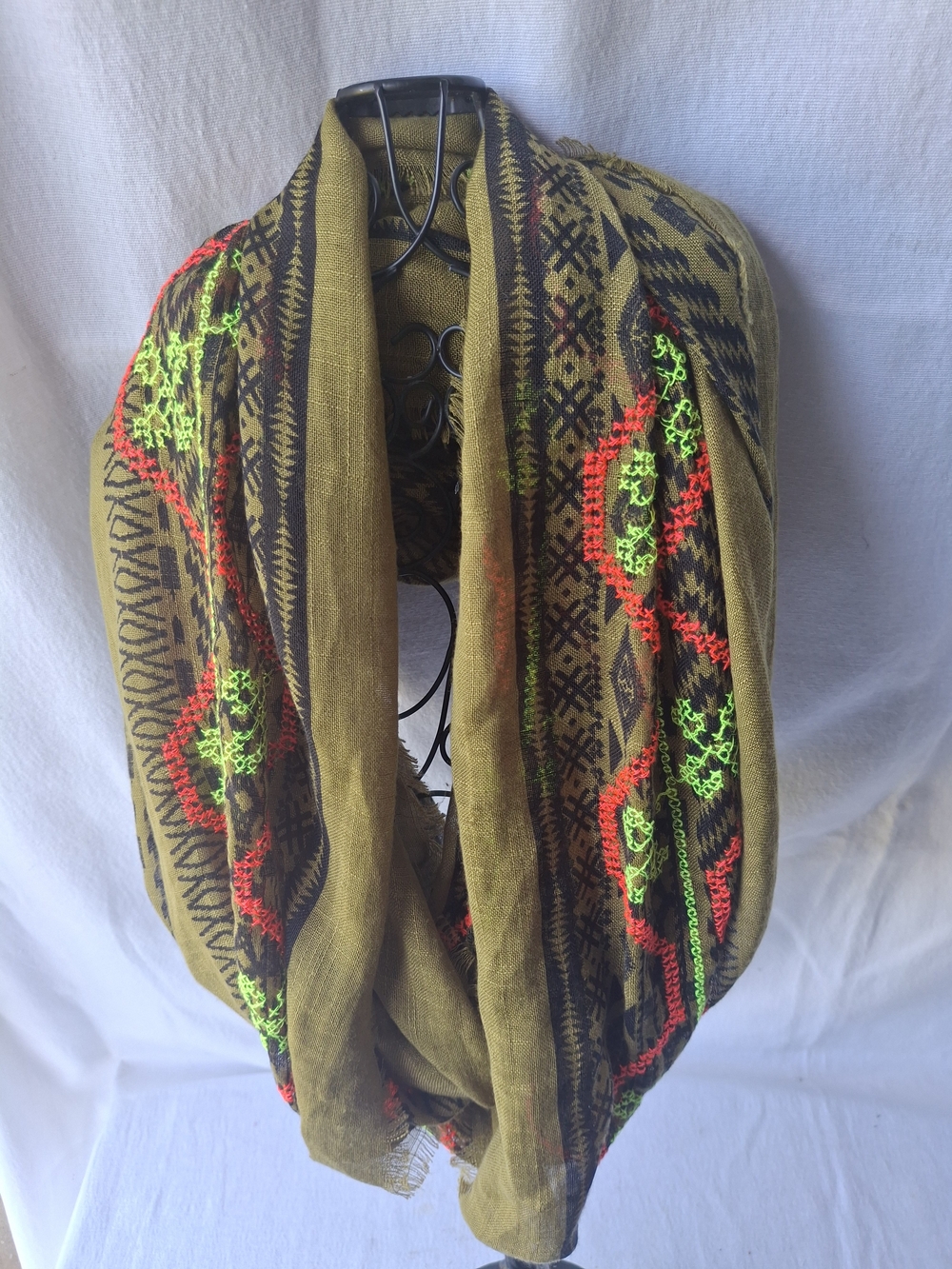 Olive Green Embroidered Infinity Scarf - Women Accessories